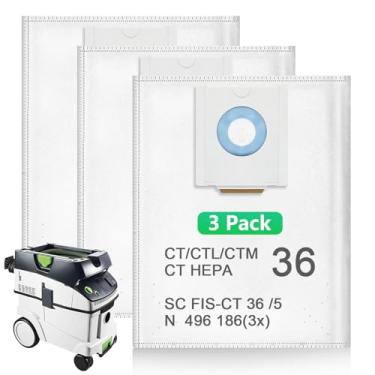 Imagem de Pacote com 3 sacos de vácuo de filtro autolimpo, 496186 para Festool CT 36, CTL 36, CTM 36, saco extrator de poeira para aspirador de pó Festool, sacos de aspirador de pó, bolsa coletora de pó de