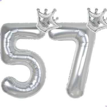 Imagem de 57 balões números de 101,6 cm prata número balão para decorações de aniversário de 57 anos para homens e mulheres, decoração de aniversário gigante jumbo Mylar 57 para ele ela