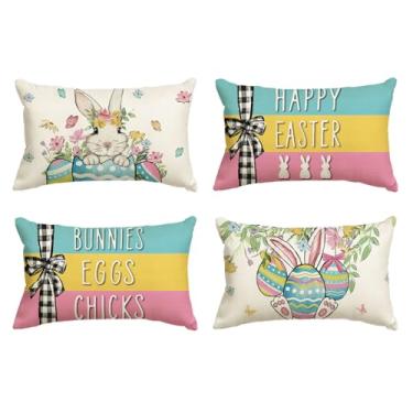 Imagem de AVOIN colorlife Capas de almofada Happy Easter Rabbit Flowers Easter Eggs Throw Covers, 30 x 50 cm, coelhinhos de Páscoa, ovos de Páscoa, pintinhos, listras, xadrez, capa de almofada para sofá