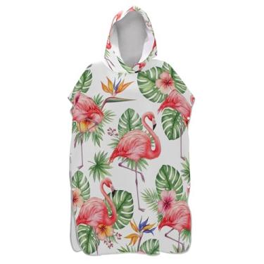 Imagem de TSENQUE Poncho de surfe com folhas de flamingos rosa e flores para roupão adulto plus size ponchos femininos com capuz toalha de banho com capuz