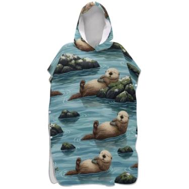 Imagem de Joisal Poncho de surfe azul lontra para adulto trocador de roupa de praia com capuz toalha floral plus size masculino poncho com capuz