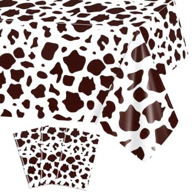 Imagem de PHOGARY 3 peças de toalha de mesa com estampa de vaca marrom, capa de mesa retangular de plástico descartável para piqueniques, tema de animais de fazenda, para chá de bebê, crianças, meninos, meninas