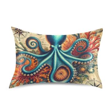 Imagem de Fronhas de cetim arte de bússola de polvo retrô engraçadas refrescantes confortáveis e macias estampadas padrão King Queen fronhas tamanho padrão 66 cm x 50 cm