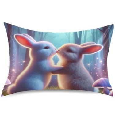 Imagem de Capas de almofada de cetim coelho beijando coelhos para cabelo King Queen padrão capa de travesseiro design capa de almofada de cama macia, tamanho padrão, 66 cm x 50 cm