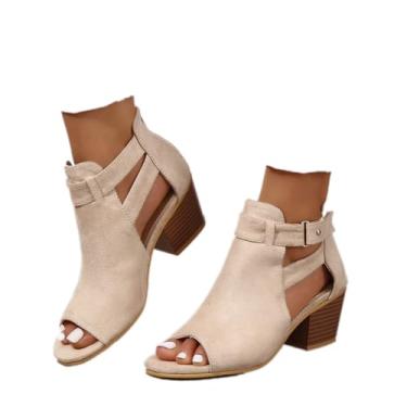 Imagem de ZBYY Sandália feminina peep toe tornozelo salto grosso recorte traseiro zíper sandália camurça lateral tira tornozelo vestido sandálias, Bege, 37