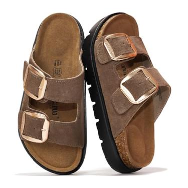 Imagem de Project Cloud Sandálias femininas de couro genuíno com plataforma - Sandálias femininas grossas com palmilha de espuma viscoelástica e palmilha de cortiça (GREECECHUNKY), Camurça sintética, 36