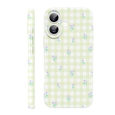 Imagem de FBHGLOA Capa de telefone para iPhone 16 de 6,1 polegadas moderna verde flor guingão kawaii, capa xadrez floral feminina para mulheres e meninas, capa protetora completa para lente de câmera à prova de