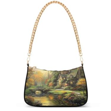Imagem de Xray Flowers Bolsa moderna fantasia Hobo Party Clutch feminina designer bolsa de mão corrente pequena bolsa de ombro, Cenário de casa de campo de pintura