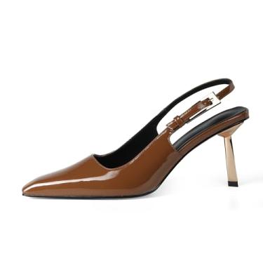 Imagem de iiimmu Salto Slingback para mulheres, bico fechado, salto gatinho de 8,89 cm, sandálias femininas de salto quadrado, sapatos sociais stiletto, sapatos de couro envernizado, Couro envernizado - marrom