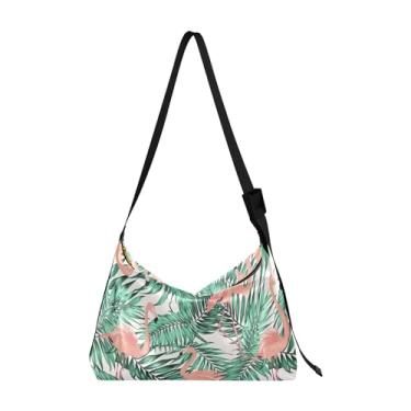 Imagem de Bolsas de couro macio verde tropical flamingo Hobo grandes bolsas masculinas modernas com estampa animal bolsas Hobo femininas, Flamingo de palmeira tropical verde