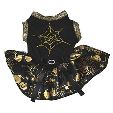 Imagem de Petitebella Vestido de cachorro tutu de teia de aranha preto camiseta dourada (3GG)