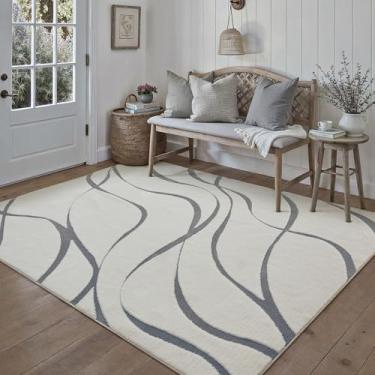 Imagem de HUGEAR Tapete felpudo 10 x 15 cm cinza e marfim lavável para sala de estar quarto tapete antiderrapante macio de pelúcia grande para escritório em casa, decoração estética moderna