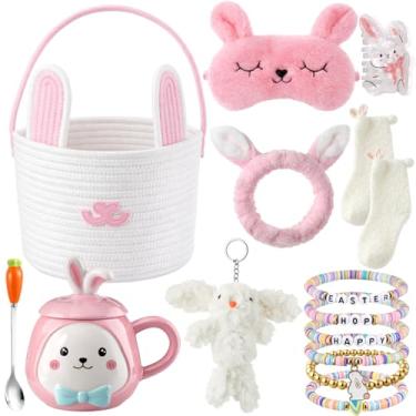 Imagem de Conelist Presentes de Páscoa para mulheres, cesta de ovo, coelhinho, pulseiras elásticas de argila de polímero, meias, chaveiro de pelúcia, caneca com clipe de colher de cenoura, máscara para os olhos