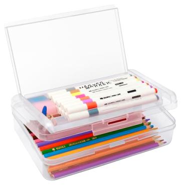 Imagem de Nuozme Caixa de lápis de camada dupla de grande capacidade, caixa de lápis translúcida de plástico, estojos rígidos com tampa de encaixe para canetas, lápis, material escolar, material de escritório