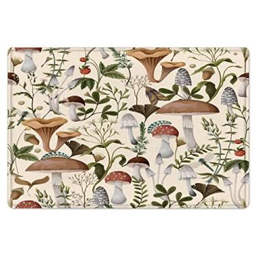 Imagem de HVEST Tapete de banho de cogumelo para banheiro, padrão vintage de folhas de cogumelo, tapete de banheiro antiderrapante, tapete de banho de espuma viscoelástica botânica aquarela, tapetes de chuveiro