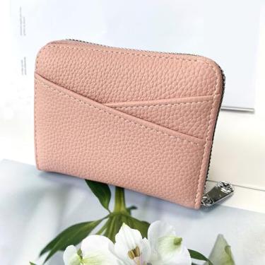 Imagem de Carteira feminina pequena de couro sintético, resistente à água, porta-cartões de crédito com bolso para moedas, rosa, Tendência