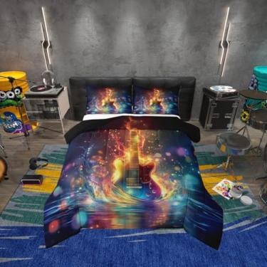 Imagem de Erosebridal Jogo de cama solteiro com guitarra, arte musical, galáxia, guitarra, fogo, notas musicais, edredom para quarto de crianças e adultos