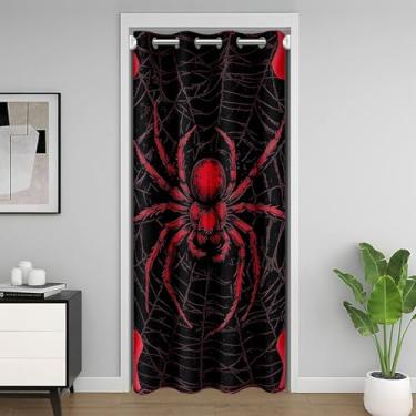 Imagem de Cortina de porta de teia de aranha flor vermelha cortina blackout para porta de quarto, sala de estar, tema animal aracnídeo, cortina de porta gótica, decoração de quarto de crianças, meninos, meninas