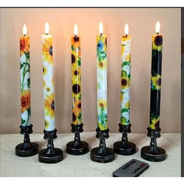 Imagem de XINAOBAOLUO Velas cônicas sem chama de girassol com controle remoto de 10 teclas, 6 peças, castiçais de LED operados por bateria, chamas cintilantes, velas falsas realistas para decoração de Natal e