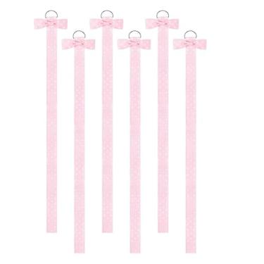 Imagem de 5 cordas de pendurar para guardar grampos de cabelo, com design de furo, adequado para pendurar na parede, pode armazenar vários grampos de cabelo. Possui um design de laço rosa, bonito e prático.