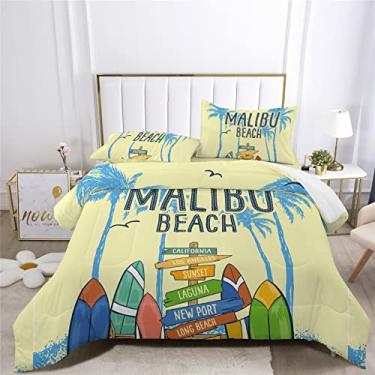 Imagem de Jogo de cama ondulado de prancha de surfe, 7 peças, decoração de surfistas, praia, verão, incluindo 1 lençol com elástico + 1 edredom + 4 fronhas + 1 lençol de cima (C, cama de solteiro em uma bolsa