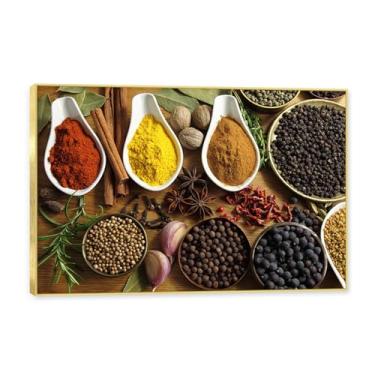 Imagem de Moldura dourada. Arte de parede em tela de especiarias coloridas e colher de tempero | Decoração de cozinha vintage | Arte moderna para casa e sala de jantar. C115. 60 x 90 cm - 23,7 x 35,5 pol