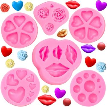 Imagem de Rainmae 6 moldes de silicone para o dia dos namorados, molde de fondant de flor, letra de amor, lábio rosa, amor, urso, coração, moldes, decoração de bolo, topo de cupcake argila de polímero, doces