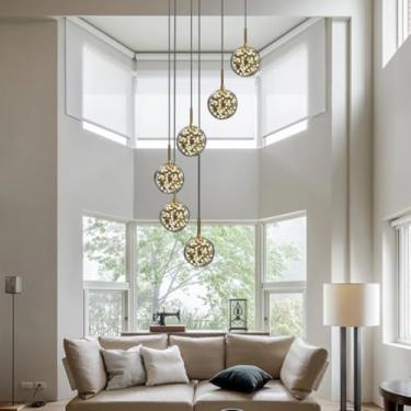 Imagem de Luminária pendente LED, luminária pendente moderna com esfera de vidro para sala de estar, luminária de cristal regulável para mesa de jantar ou escada, luminária de teto para corredor ou es