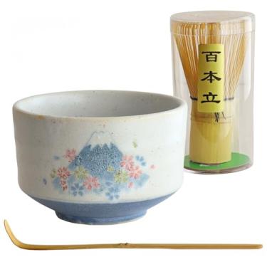 Imagem de Conjunto autêntico de batedor japonês Matcha - Tigela Matcha Mino Ware, design tradicional japonês, kit inicial de 3 peças feito no Japão (conjunto Mt.Fuji)
