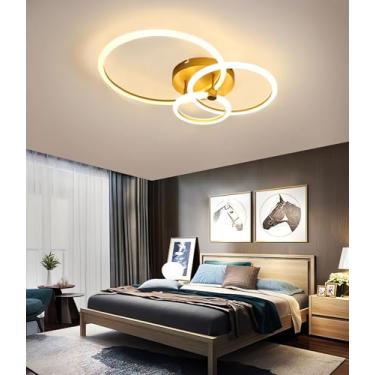 Imagem de Luminária de teto LED 49W de alto brilho para sala de estar, dourada, moderna, dimerizável com controle remoto, ideal para quarto (dourada, 3 anéis).