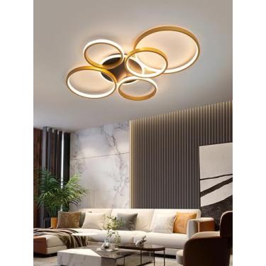 Imagem de Luminária de teto LED regulável com design moderno em formato de anel redondo, controle remoto e temperatura de cor de 3000K a 6500K, ideal para sala de estar, cozinha, quarto, sala de janta