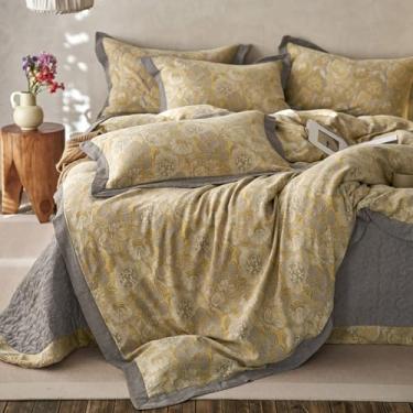 Imagem de MKXI Conjunto de capa de edredom King floral dourado musselina Guaze texturizado estilo casa de fazenda flores amarelas jacquard capa de edredom respirável macio para todas as estações, conjunto de