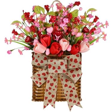 Imagem de Cesto de 38 cm para o dia dos namorados, guirlanda de tulipa artificial para porta da frente, com laço de serapilheira de baga de coração para decoração de aniversário de casamento e jantar