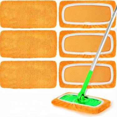 Imagem de Pacote com 6 almofadas de esfregão de microfibra reutilizáveis laranja, capa de esfregão plana molhada e seca, refil de almofadas molhadas laváveis para limpeza de superfícies e pisos de madeira