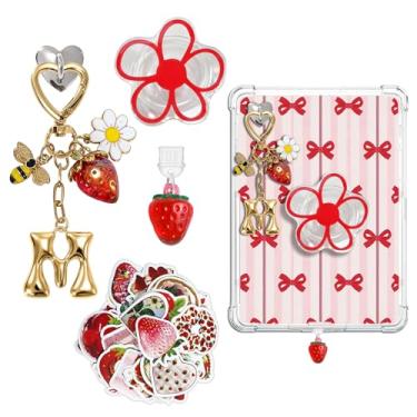 Imagem de JINGSEN Lindo conjunto de pingentes para Kindle, incluindo plugue de poeira tipo C/USB C, chaveiros de morango com gancho, pingentes compatíveis com Kindle/E-Reader/telefone (morangos vermelhos M)