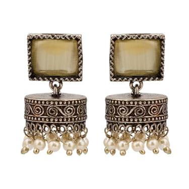 Imagem de Efulgenz Brincos indianos para mulheres, brincos quadrados de cristal, pérola sintética, conjunto de brincos Jhumka Jhumki, brincos pendurados, joias femininas, Cobre, Sem pedra preciosa