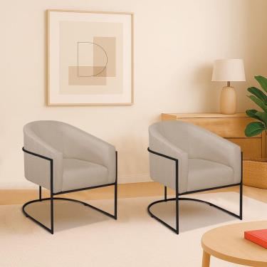 Imagem de Kit 2 Poltronas Decorativa Jade Moderno Escritório Confortável Luxo Base De Ferro Preto Linho Cor Bege