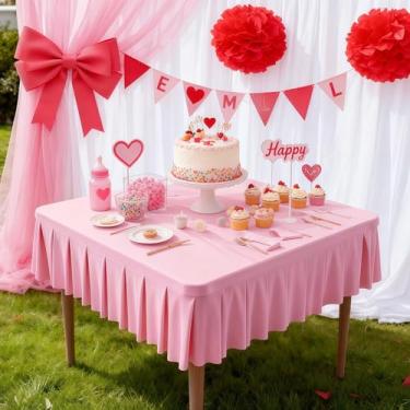 Imagem de Wish Care Toalhas de mesa de elastano rosa para mesas quadradas de 86 x 86 cm, roupas de mesa elásticas com saia plissada com babados para mesa de 86 cm, sem rugas e elásticas, para festa, cozinha