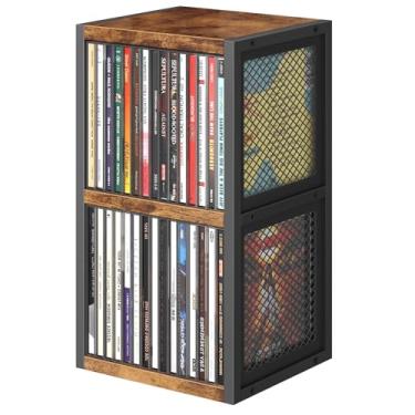 Imagem de ELITEROO Organizador de rack de mesa com suporte de CD, suporte de madeira para armazenar até 30 CD, torre de CD de 2 camadas com laterais de malha, prateleira de exibição de CD pequena retrô para