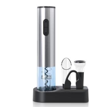 Imagem de Abridor de vinho elétrico, abridor automático de garrafas de vinho, presentes 5 em 1 para amantes de vinho com base de armazenamento, cortador de folha, despejador de aerador de vinho e rolhas a vácuo