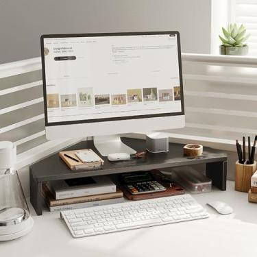 Imagem de Suporte para monitor de canto com corte de madeira triangular para computador, elevador de monitor de canto de mesa com teclado e mouse de armazenamento, suporte de tela organizador de espaço de