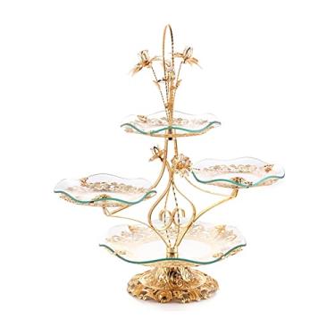 Imagem de Pratos de exibição de doces, prato de frutas vintage, suporte de exibição de frutas secas de 4 camadas, bandeja de liga de vidro para sala de estar, bandeja de dim sum para decoração de festivais em