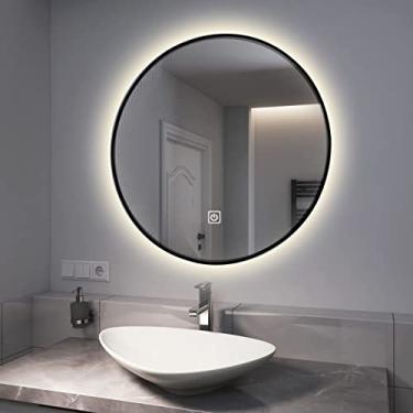 Imagem de Espelho de banheiro de LED com luzes - espelhos redondos para banheiro, maquiagem montada na parede, espelho de vaidade de LED moldura preta espelho de parede grande espelho retroiluminado de LED, à