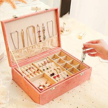 Imagem de Caixa de joias de veludo de camada dupla caixa de armazenamento de joias europeia brinco grande espaço porta-joias caixa de presente (rosa)