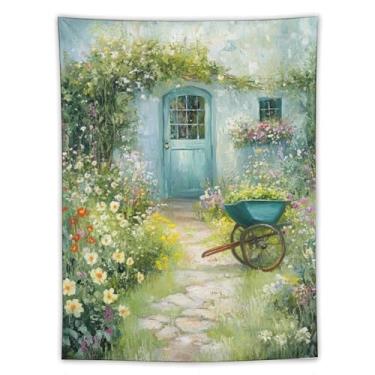 Imagem de Tapeçaria de caminho de casa de campo coberta de flores de primavera, decoração de parede de arte de flores de carrinho de mão de jardim, decoração sazonal aconchegante para sala de estar, quarto