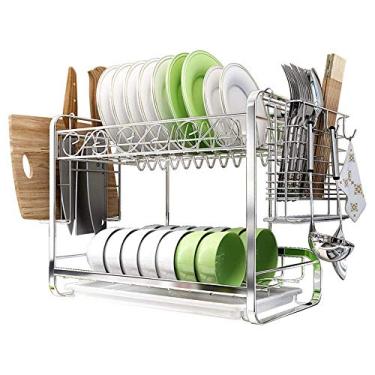 Imagem de Store-brand Escorredor de pratos de aço inoxidável Rack de drenagem de camada dupla 60 x 26 x 35 cm Rack de drenagem de cozinha