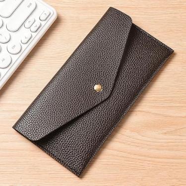 Imagem de Carteira longa feminina estilo envelope com fecho de pressão - Bolsa fina de poliuretano, 20 x 10 cm, 70 g (preto, vermelho, café, azul), Café, Clássico