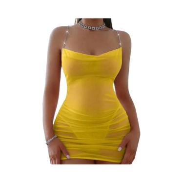 Imagem de Camisola Sexy Feminina Em Tule Transparente Com Aplicações De Pérolas,