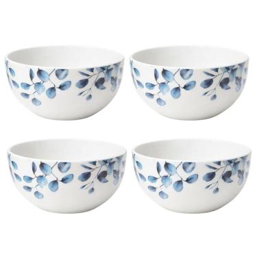 Imagem de Jogo 4 Tigelas Cerâmica Branca Premium Folhagens Azul Beli Collection 550ml