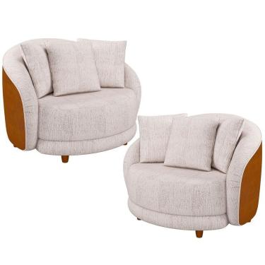 Imagem de Kit 2 Poltronas Decorativa Para Sala Pés Madeira Kaly M22 Sintético Caramelo-linho Bege - Mpozenato